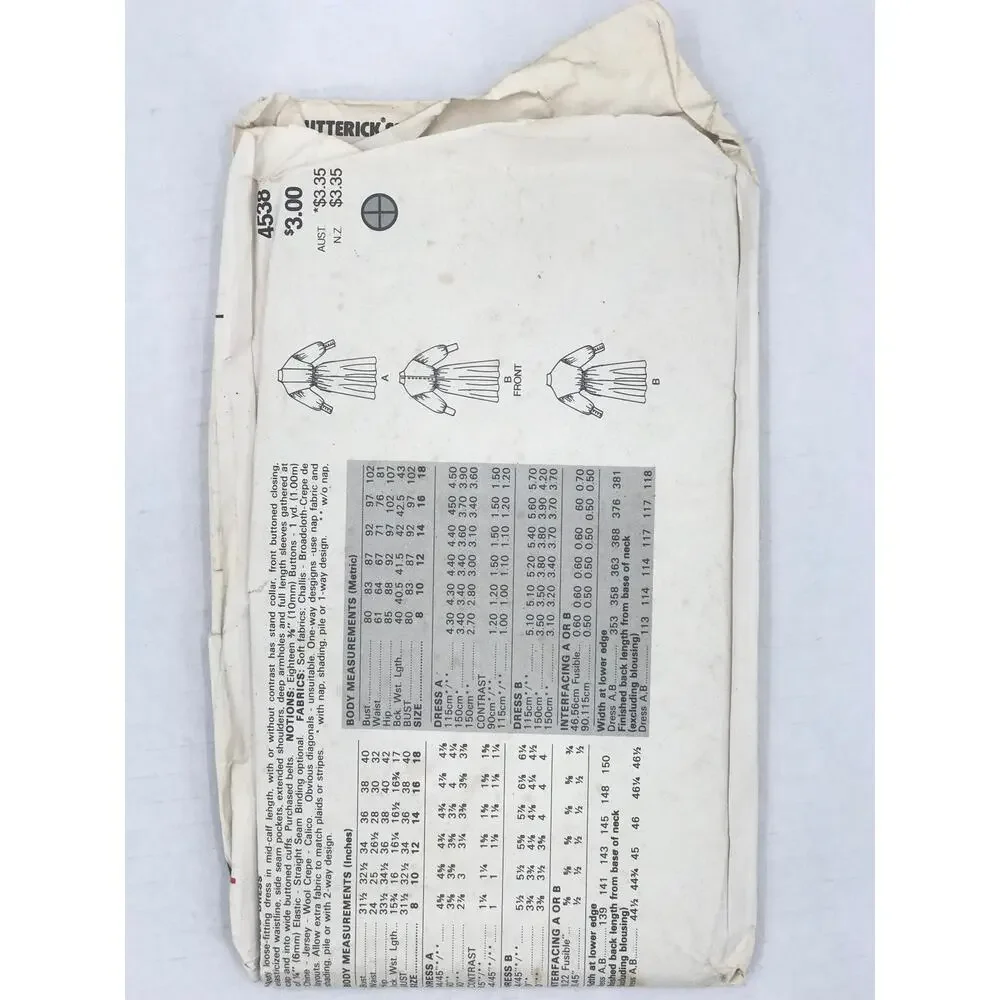 Vintage Pattern Sewing Crafts Hobby Butterick 4538 Size 14-16-18 Dress